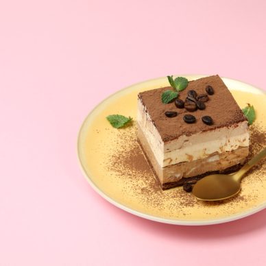 Concept of tasty dessert with Tiramisu cake, space for text