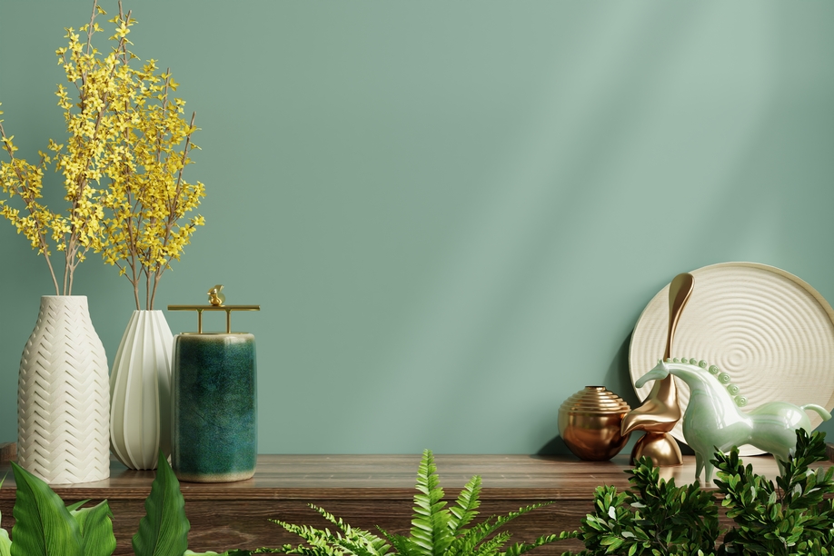 Interior wall mockup with green plant,Green wall and shelf.3D rendering