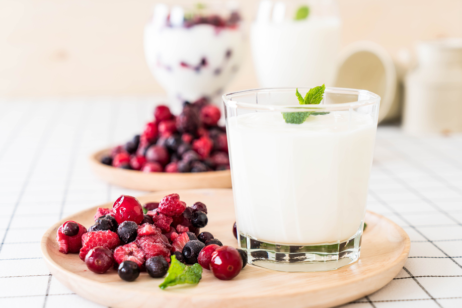 yogurt with mixed berries on the table
