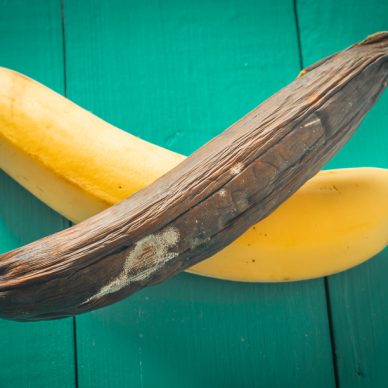 fresh and rotten banana on wooden background, view from the top