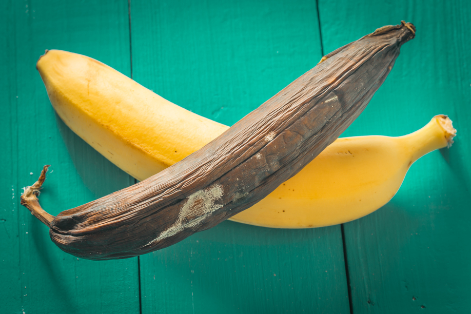 fresh and rotten banana on wooden background, view from the top