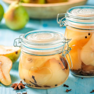 Natural and juicy pickled pears in the jar