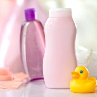 baby bath accessories on white table, selective focus