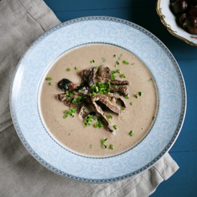 Chestnut and mushroom autumn creamy velvety soup with chives