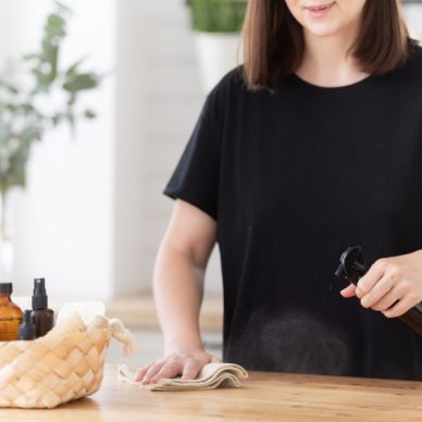 Young woman cleans the kitchen with eco products