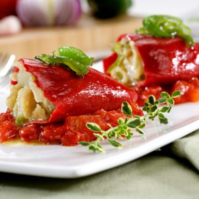 Red peppers stuffed with , spanish cuisine tapas.