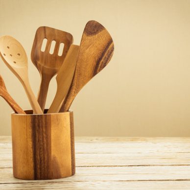 Wood utensils or kitchen ware on wooden table with copy space - Vintage Filter