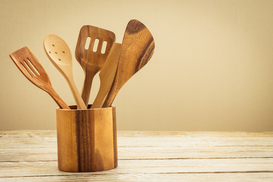 Wood utensils or kitchen ware on wooden table with copy space - Vintage Filter