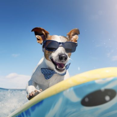 Jack russell dog surfing on a wave.Sunny day. Summer concept. AI generative.