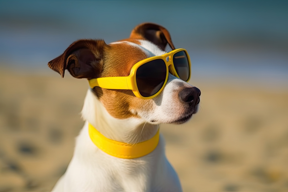 Jack Russell dog with yellow sunglasses on a beach.