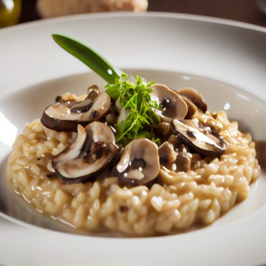 Vegetarian risotto with fresh mushrooms and parmesan cheese generated by artificial intelligence