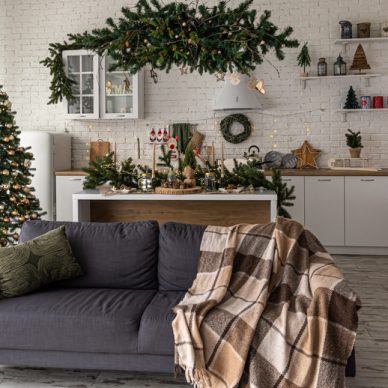 Beautiful details of Christmas decor in the interior of a modern kitchen.