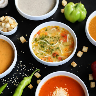 soup set mushroom lentil pumpkin tomato chicken side view