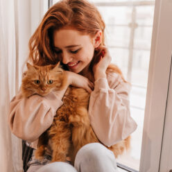 Relaxed smiling girl playing with her fluffy cat. Indoor shot of amazing lady holding pet.